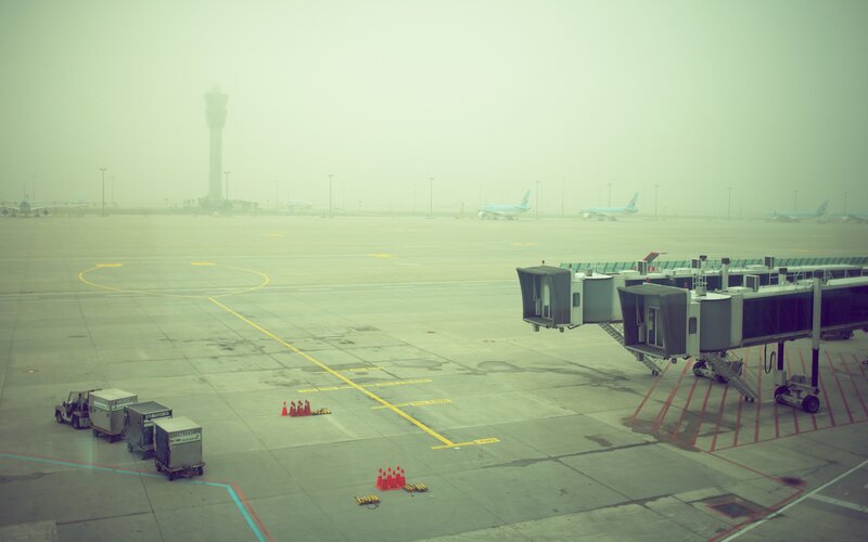 foggy airport tarmac view
