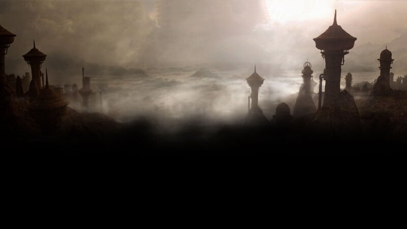 foggy alien cityscape