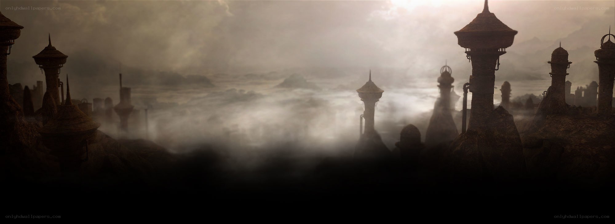 foggy alien cityscape