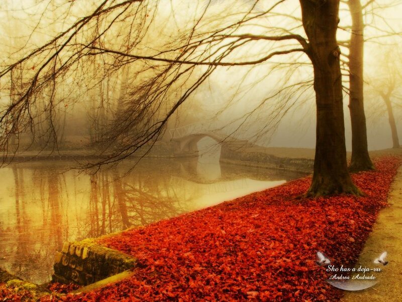 Foggy autumn park with red leaves