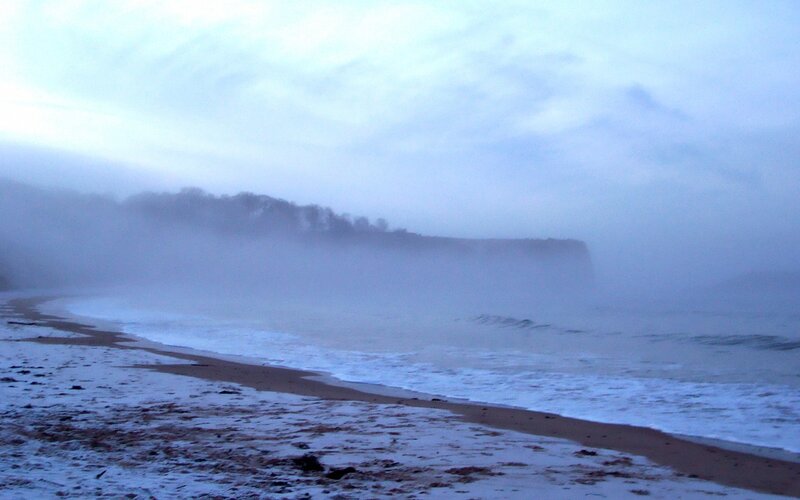 Foggy Beach at Dawn — Blue, Misty, Calm