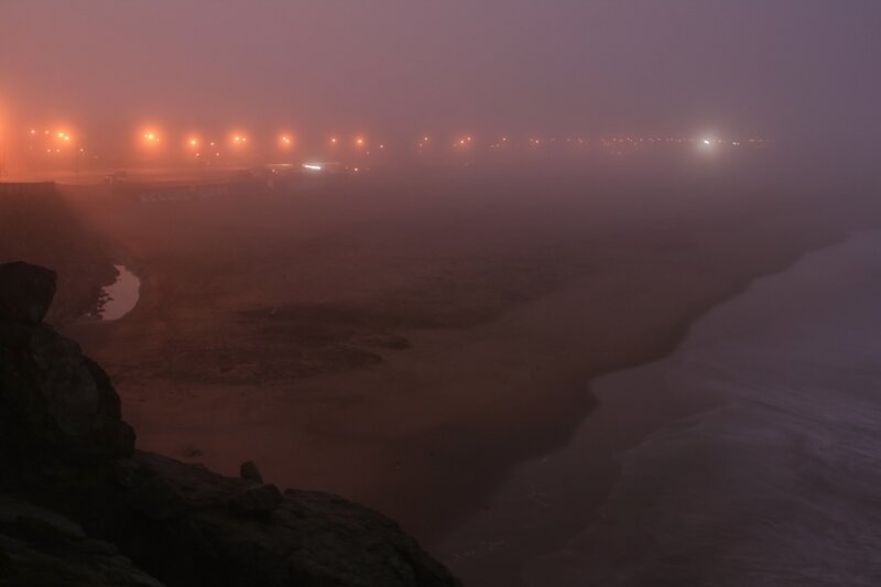 foggy beach at night