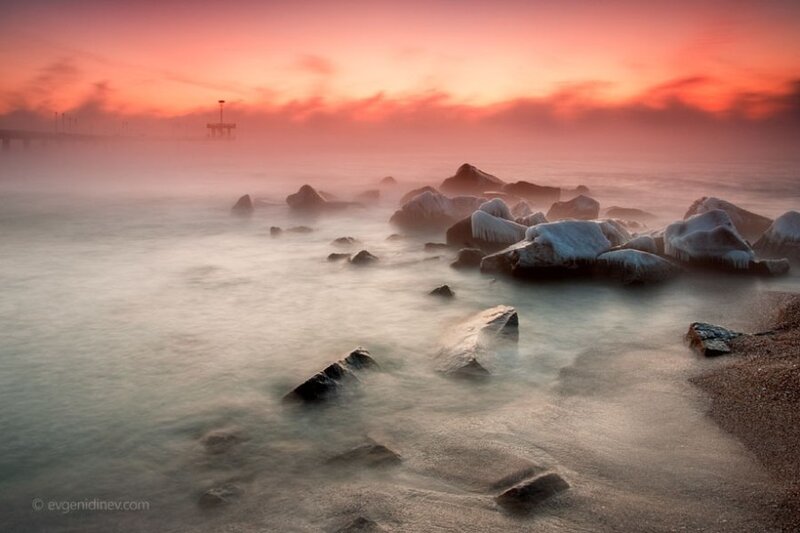 Foggy Beach at Sunrise — Red