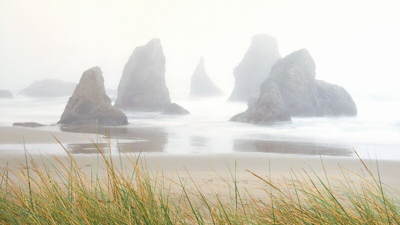 Foggy Beach with Sea Stacks — Gray, Misty