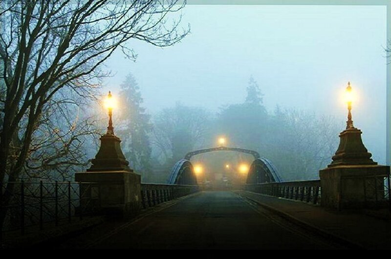 Foggy bridge at dawn