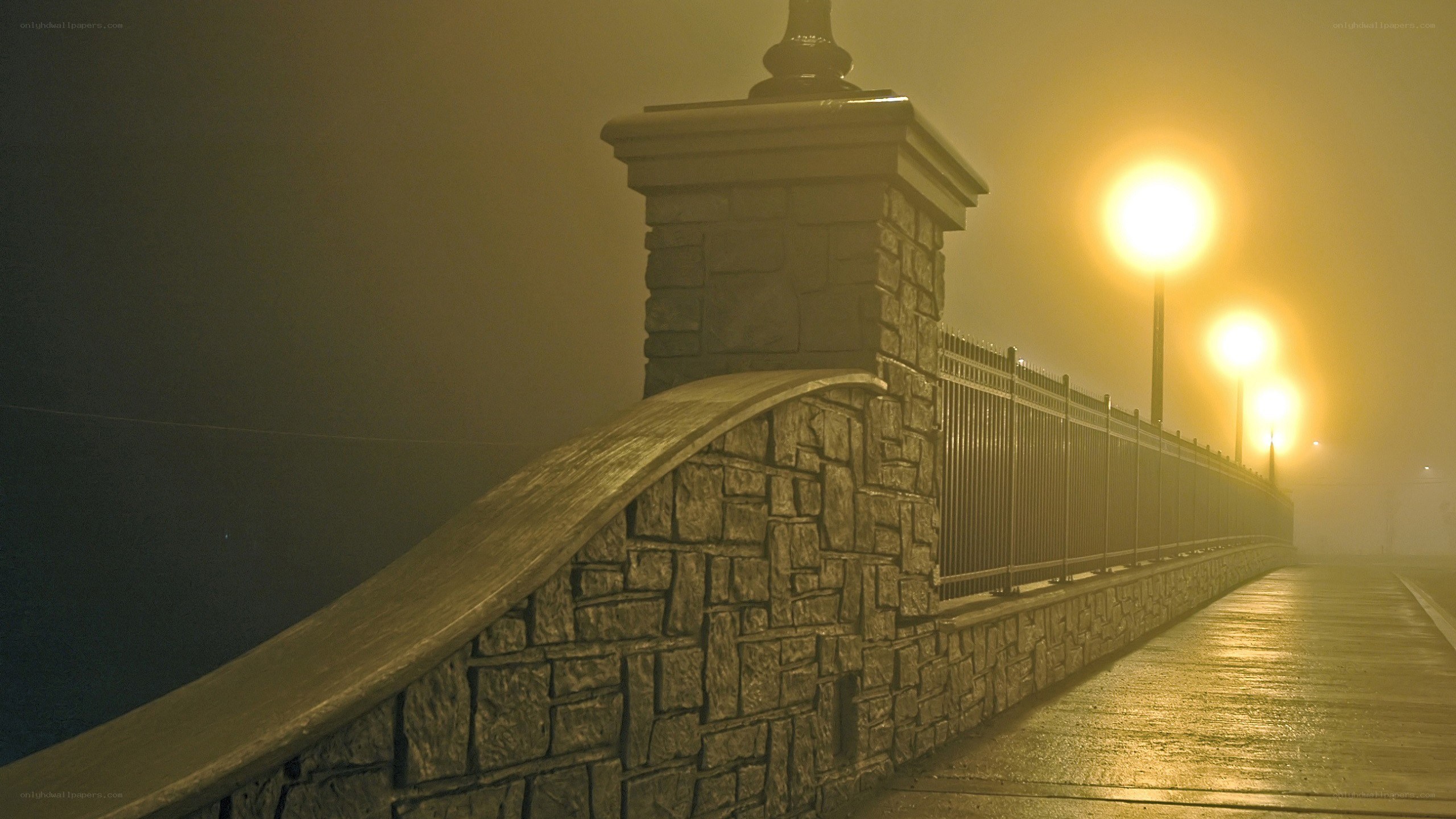 Foggy bridge at night