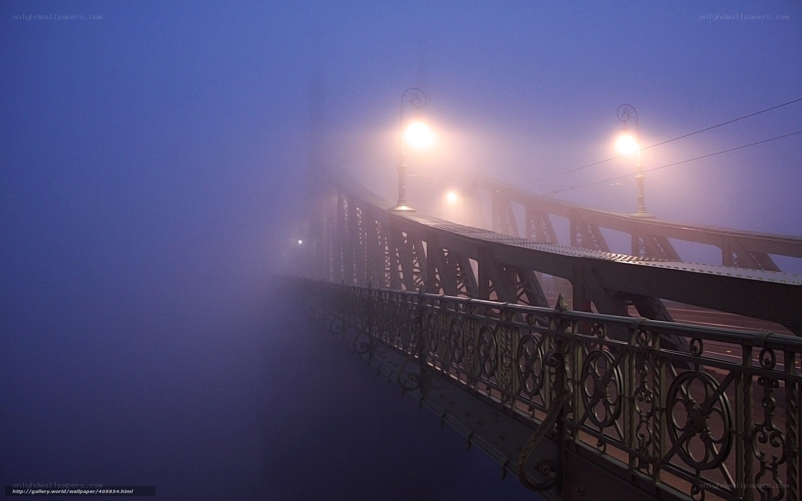 Foggy bridge at night
