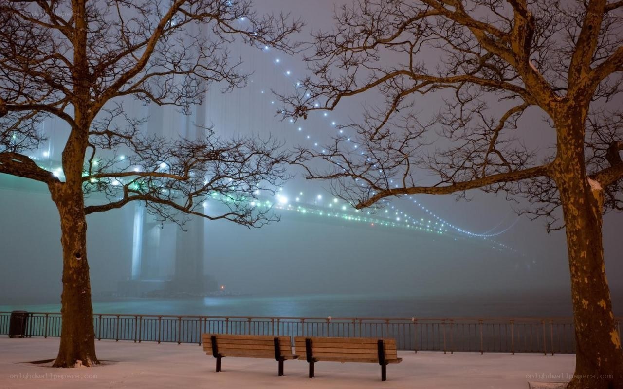 Foggy bridge at night