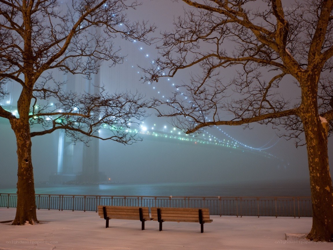 Foggy bridge at night