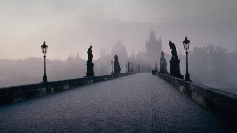 foggy bridge in prague