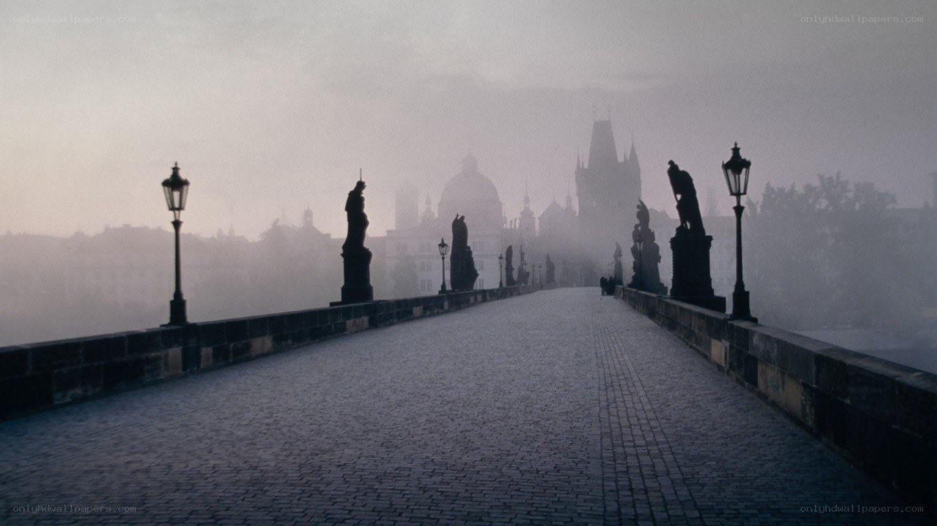 foggy bridge in prague