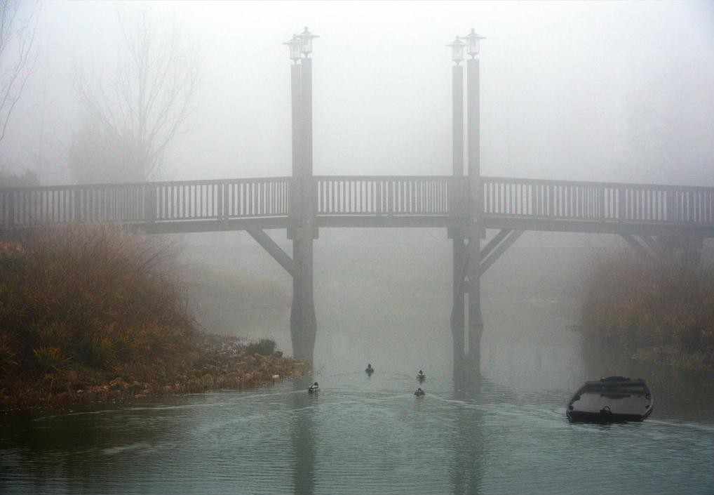 Foggy bridge over a river