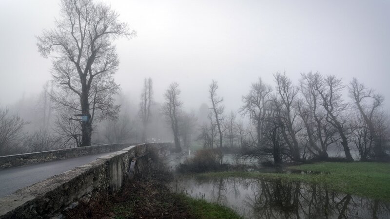Foggy Bridge over River — Gray