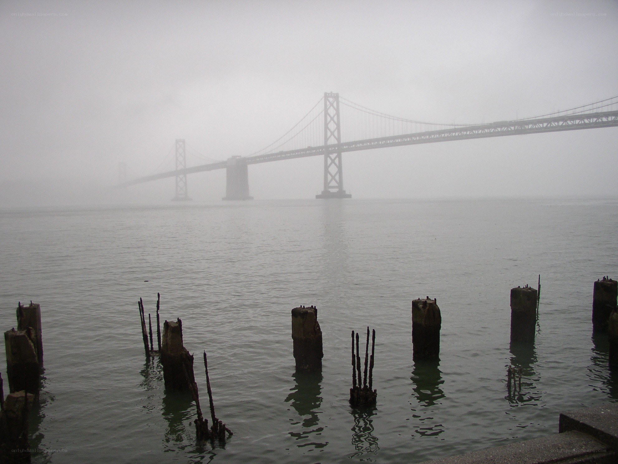 foggy bridge over water