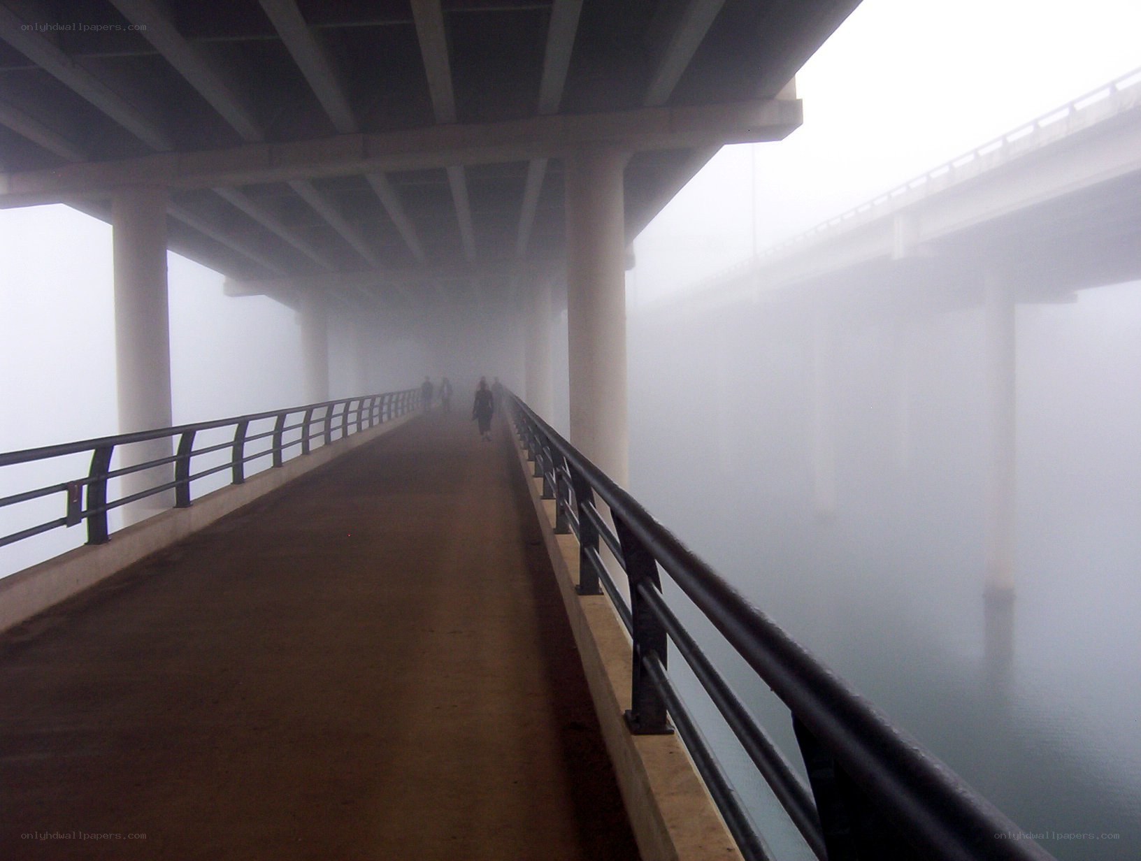 Foggy bridge walkway