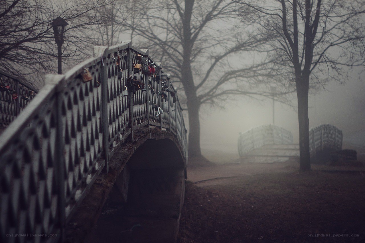 Foggy bridge with love locks
