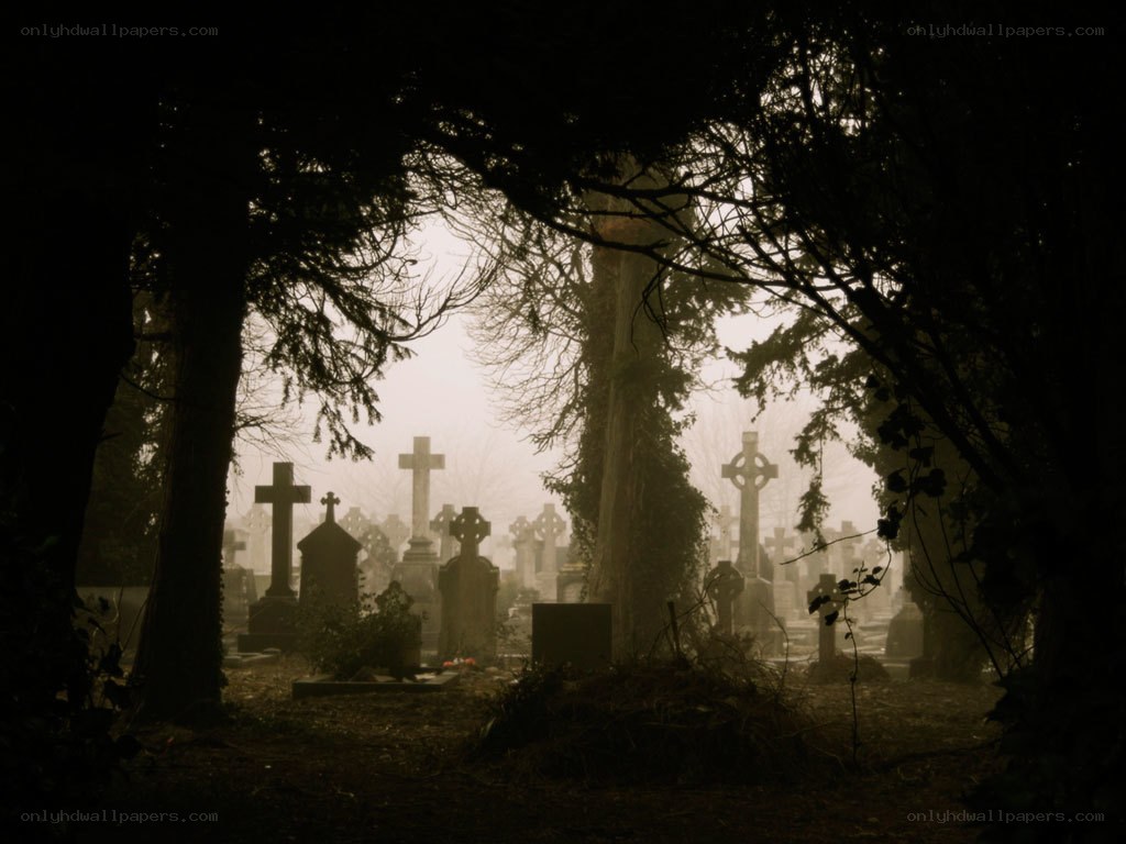 Foggy cemetery at dusk