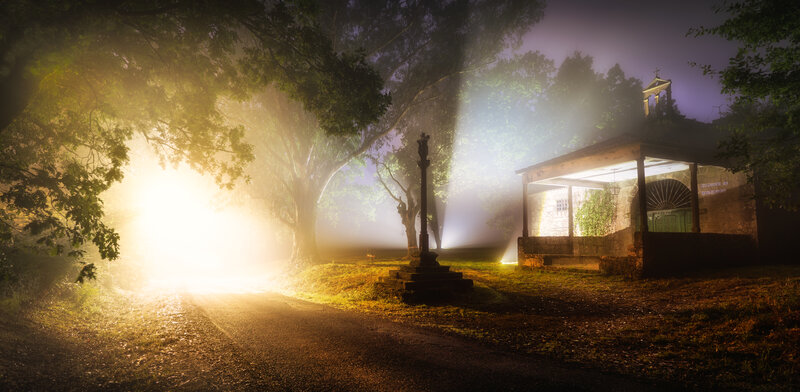 Foggy Chapel at Night