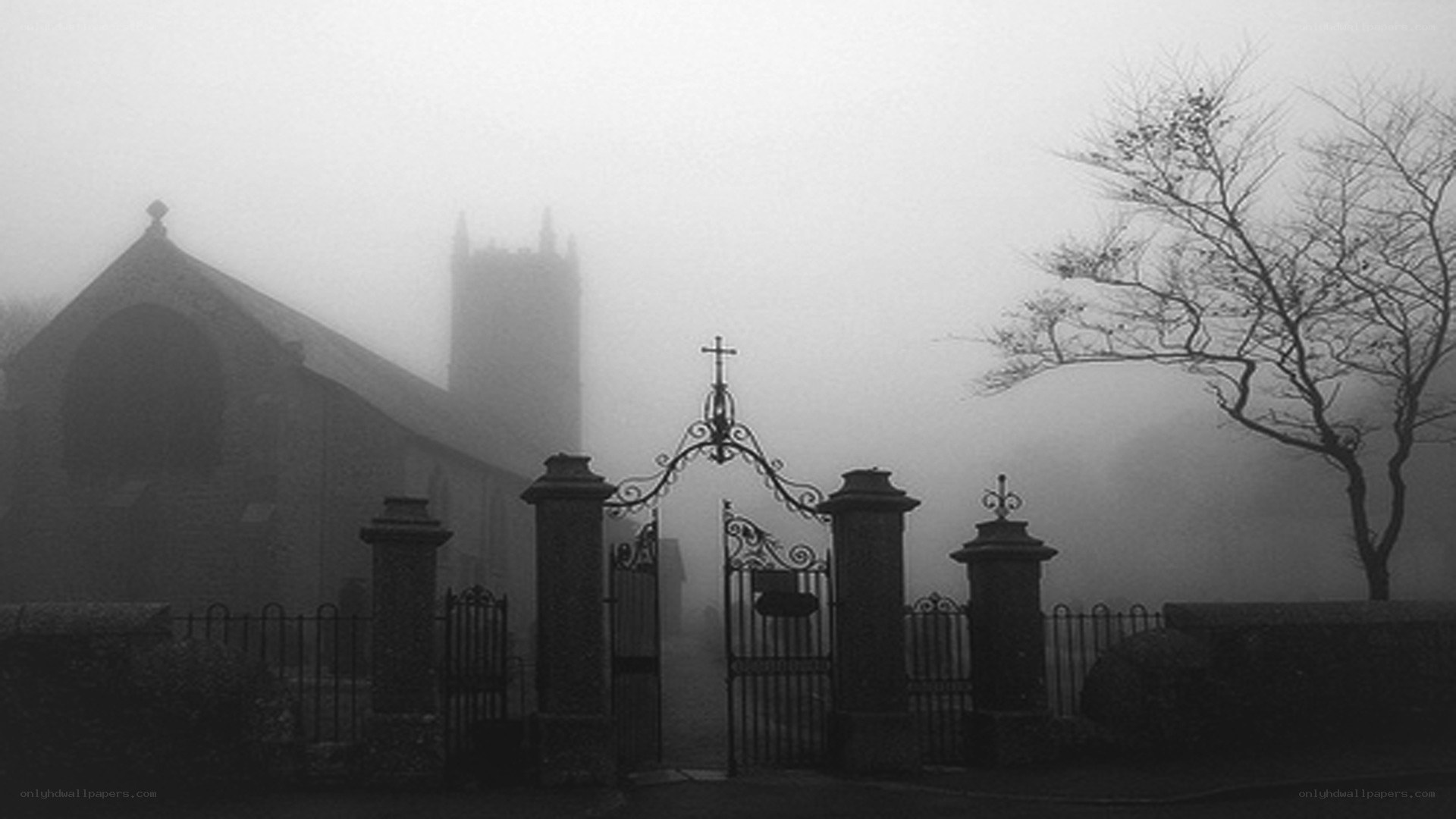 foggy church gate