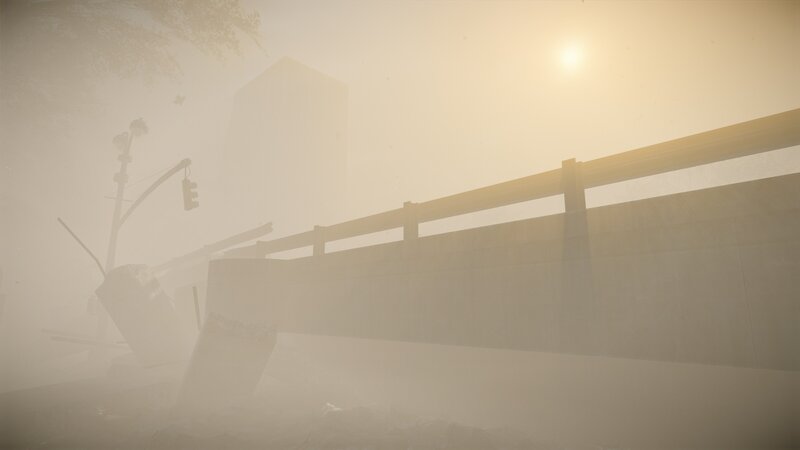 Foggy city bridge at sunrise