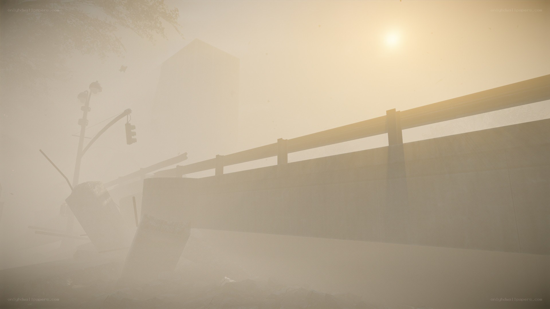 Foggy city bridge at sunrise