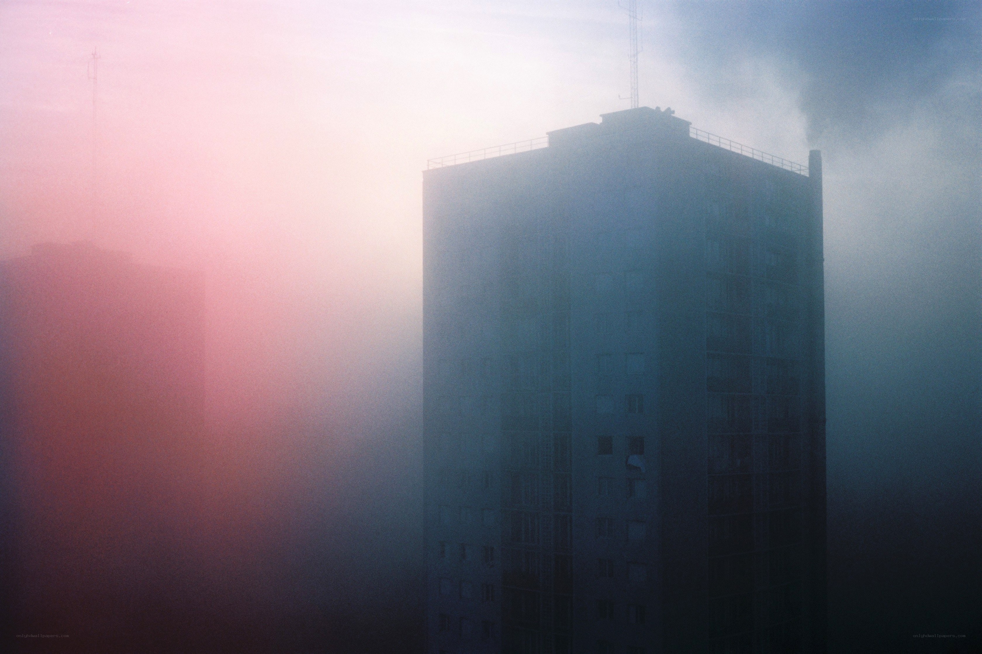 Foggy city buildings at dawn