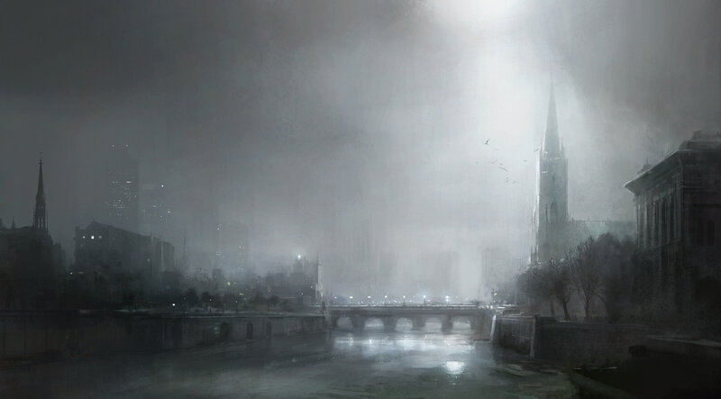 Foggy City River Scene