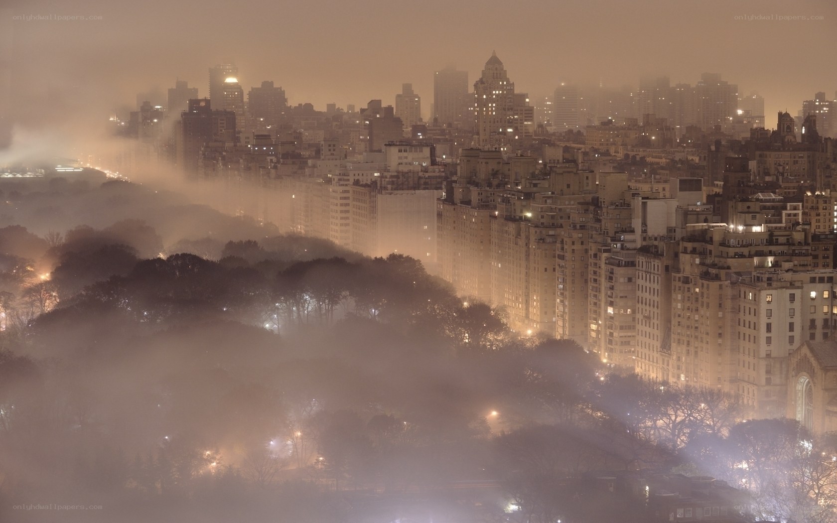 Foggy city skyline at night