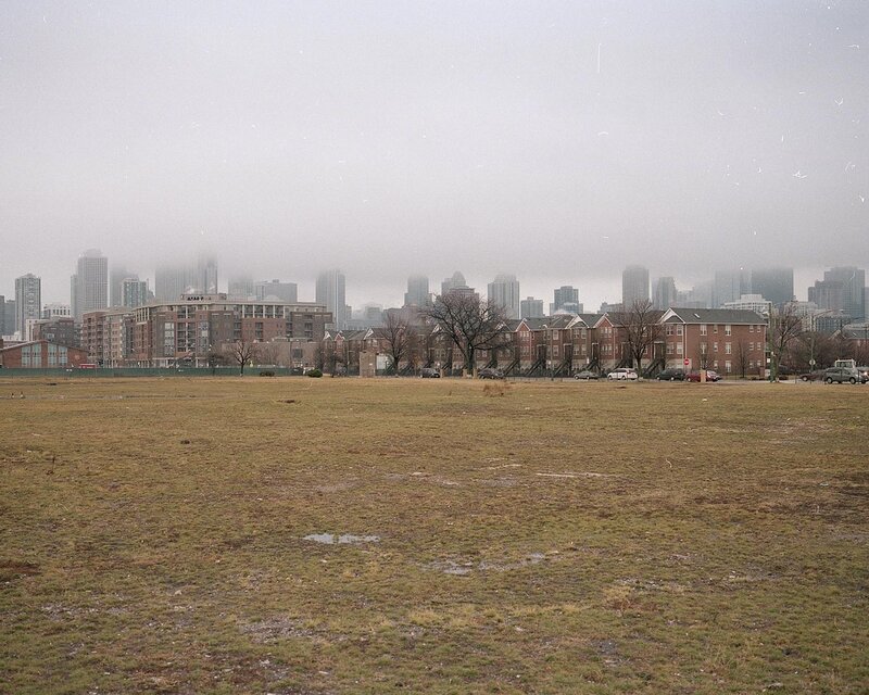 Foggy city skyline view