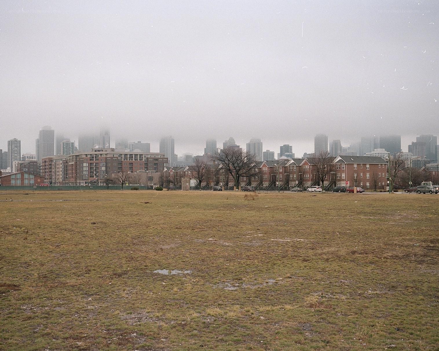Foggy city skyline view