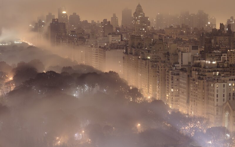 foggy cityscape at night