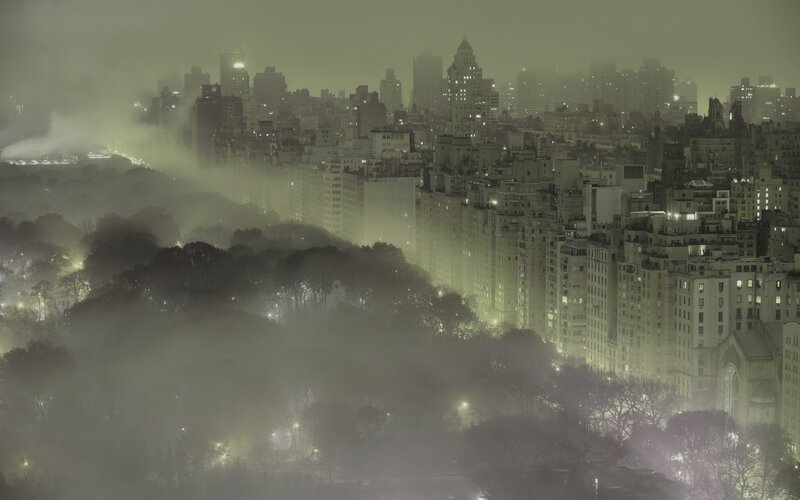 foggy cityscape at night