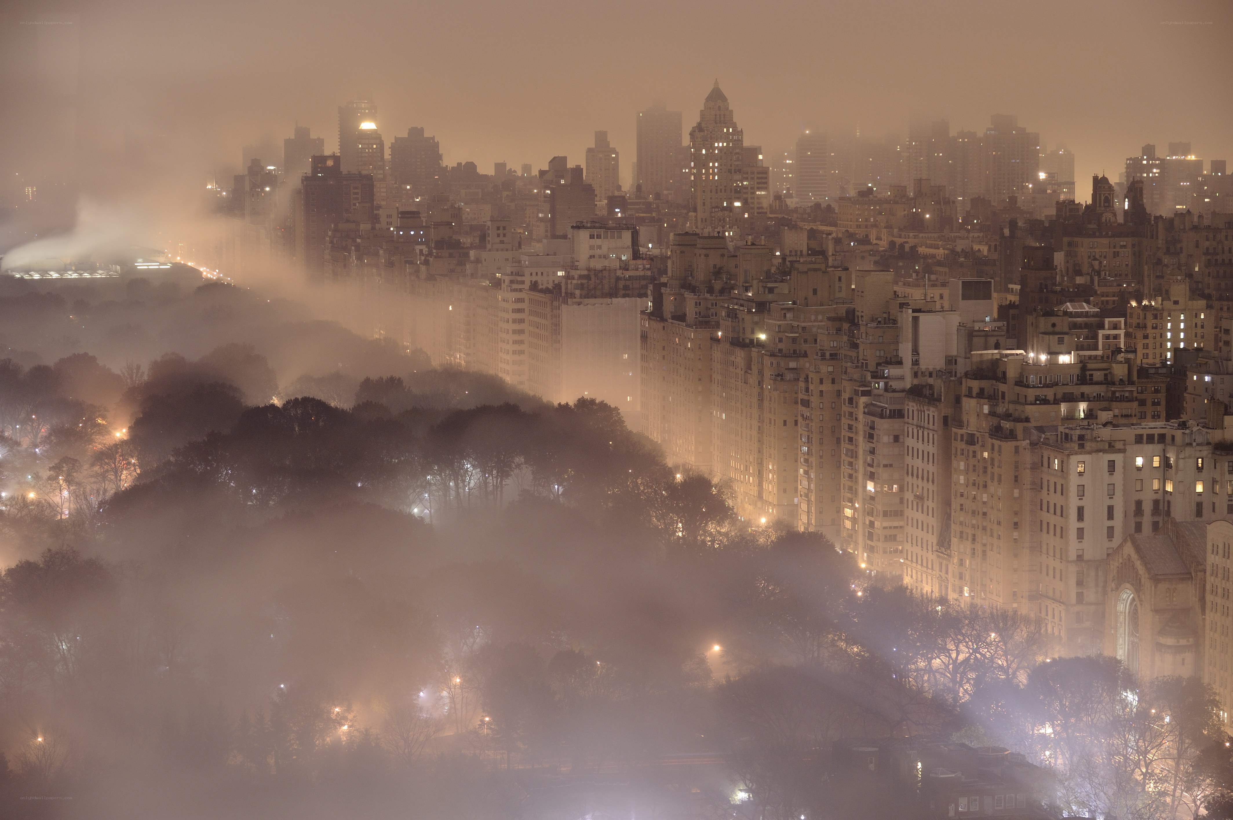 foggy cityscape at night