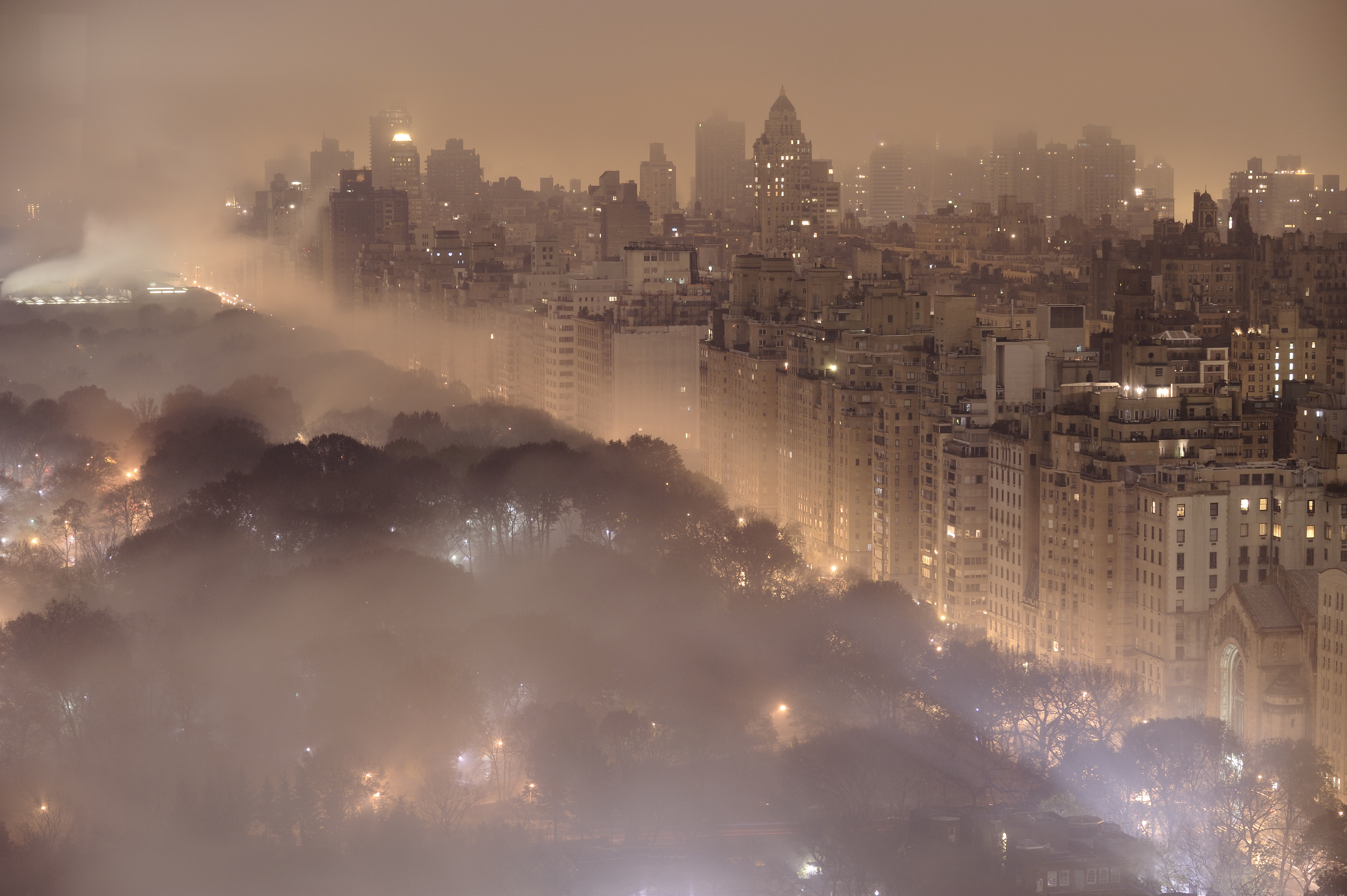 foggy cityscape at night