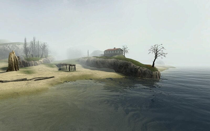 foggy coastal island scene