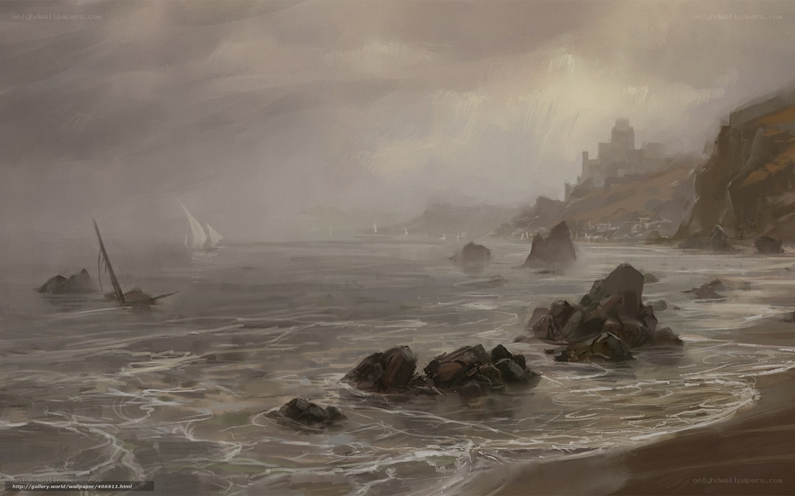 Foggy coastal landscape