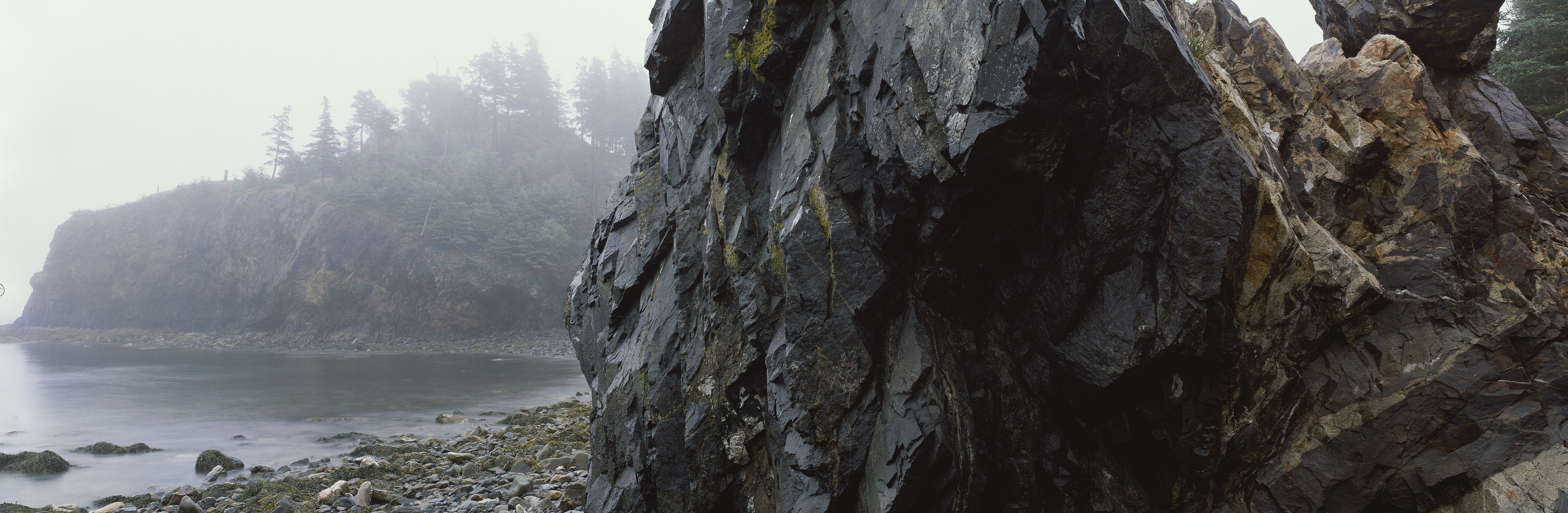 foggy coastal rock formation
