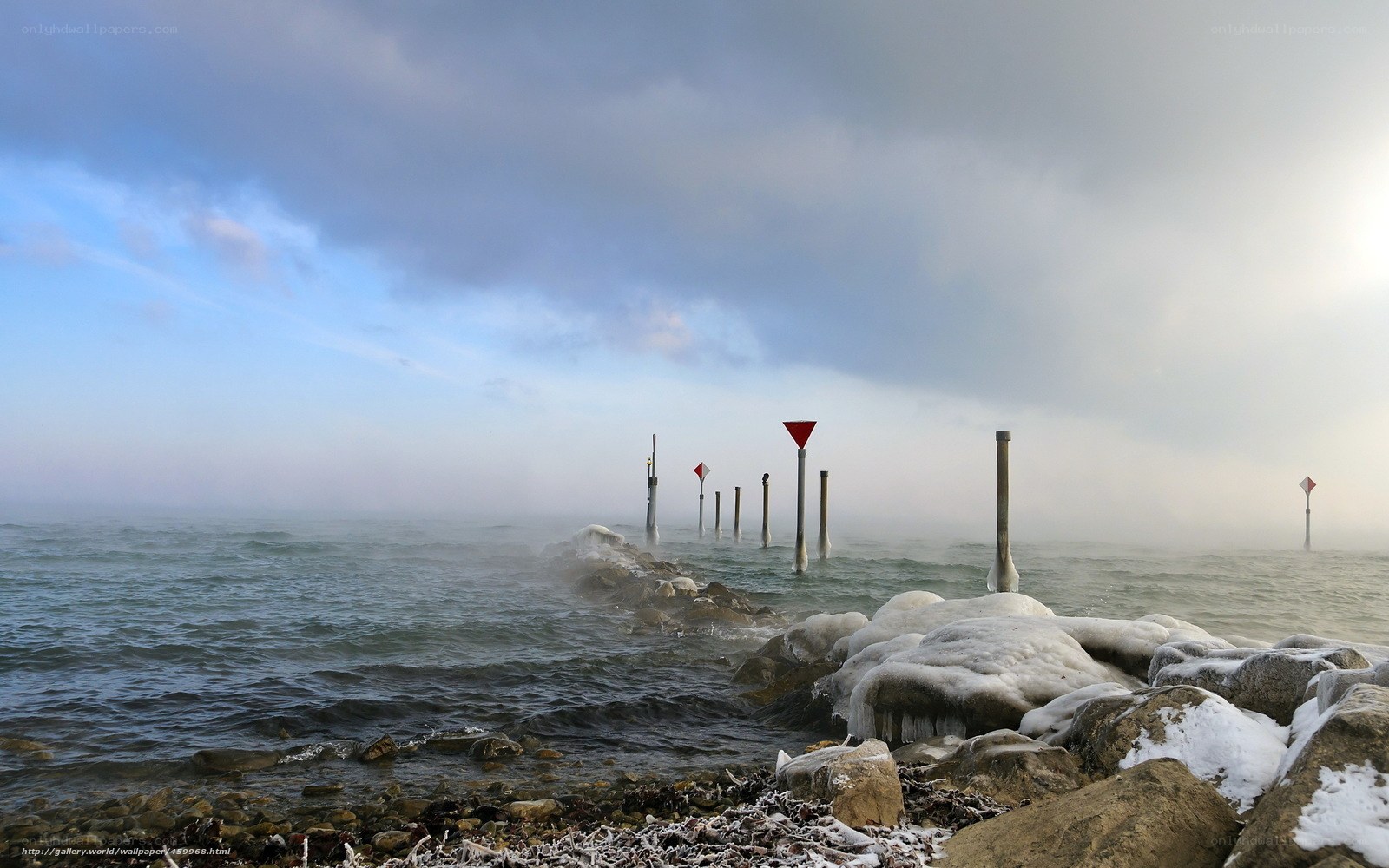 Foggy coastal rocks with ice
