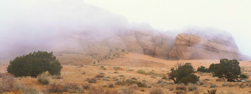 Foggy desert canyon landscape