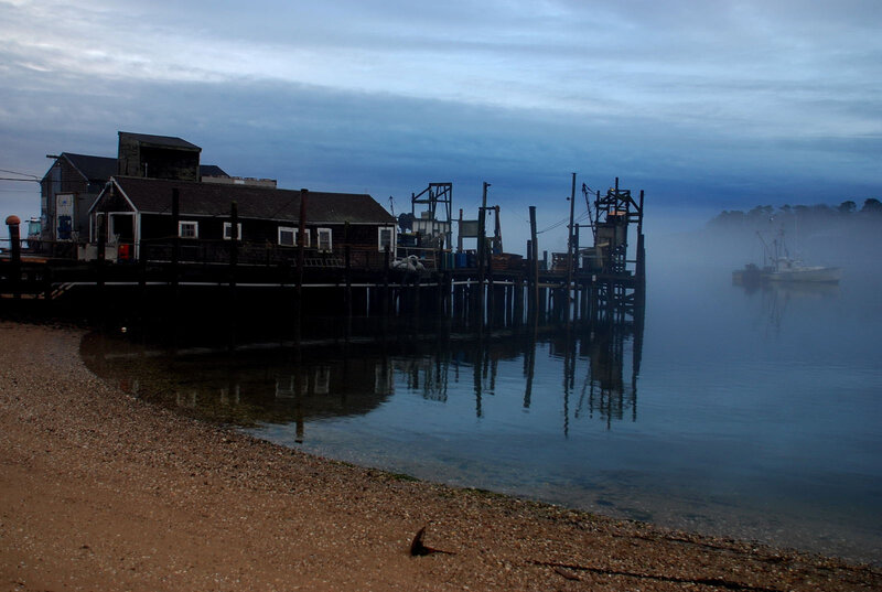 foggy dock at dawn