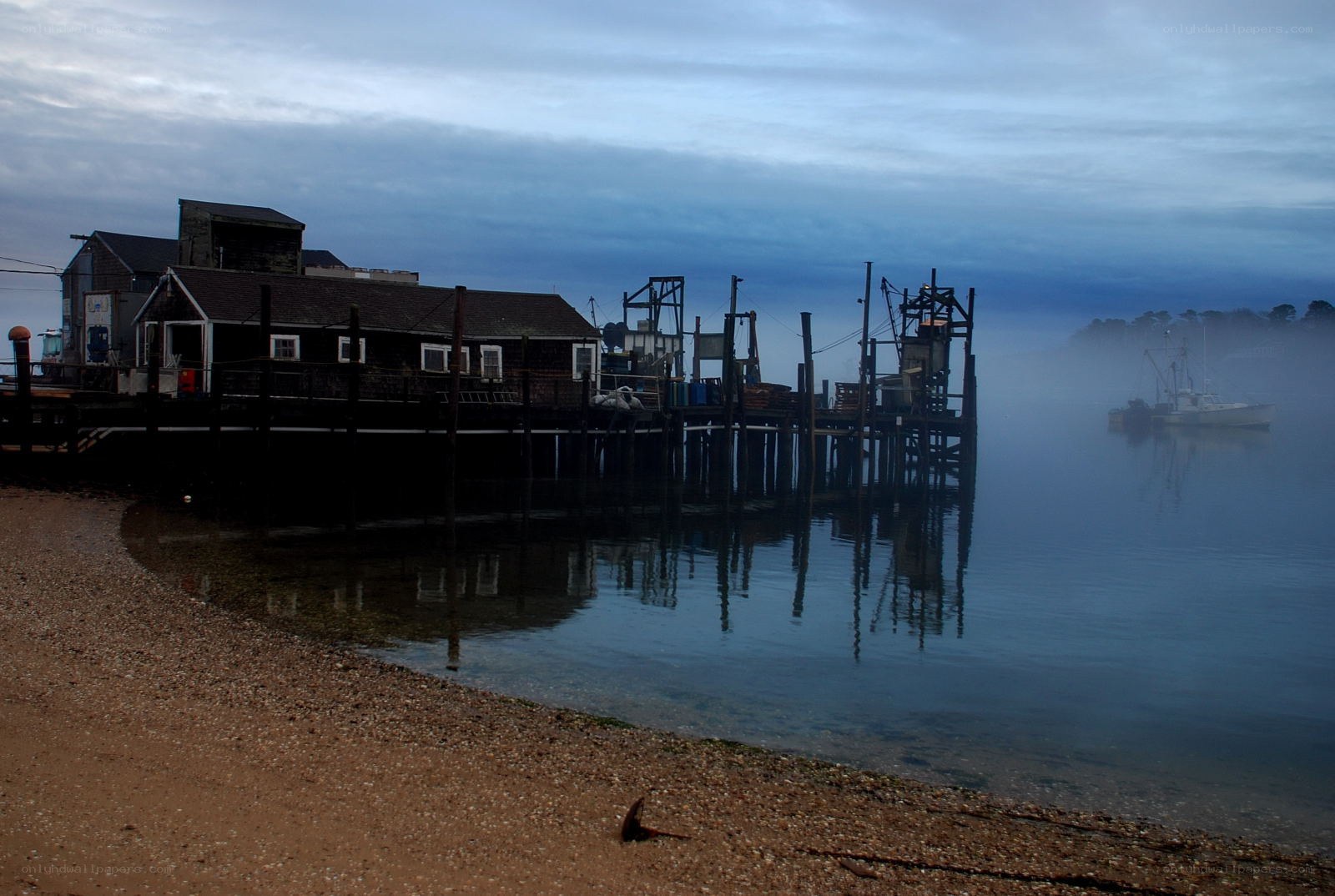 foggy dock at dawn