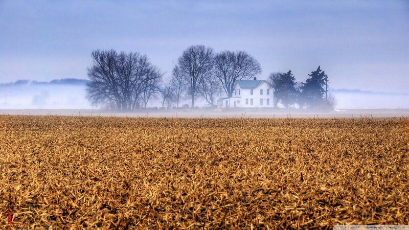 Foggy farm with white house
