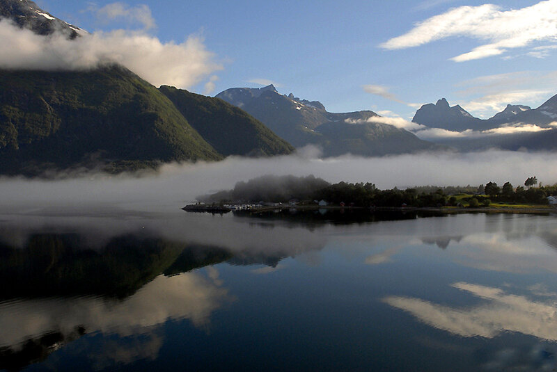 Foggy Fjord Landscape — Blue