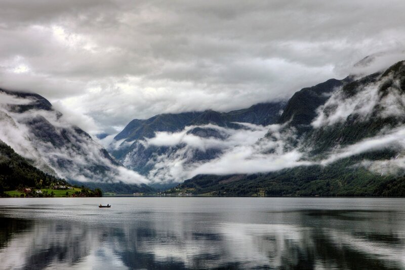 Foggy Fjord with Boat
