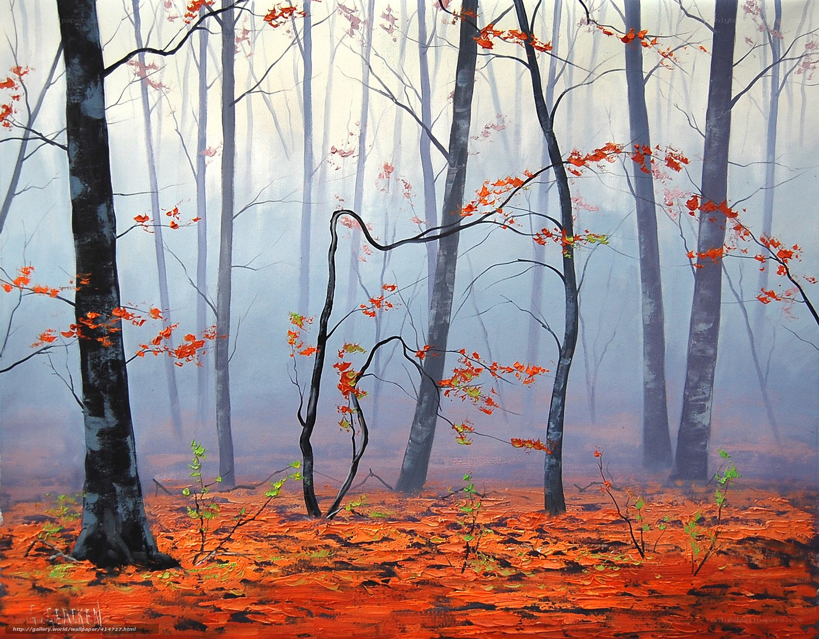 Foggy forest with autumn leaves