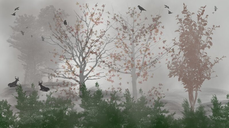 Foggy forest with deer and birds