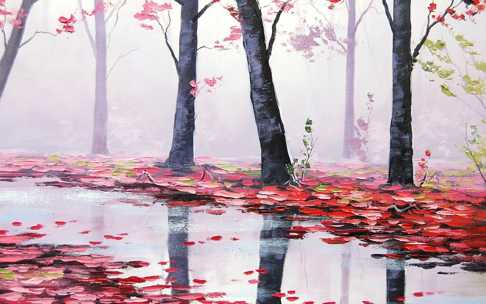 Foggy forest with red leaves