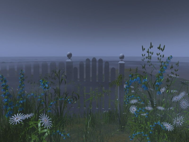 Foggy garden with white fence