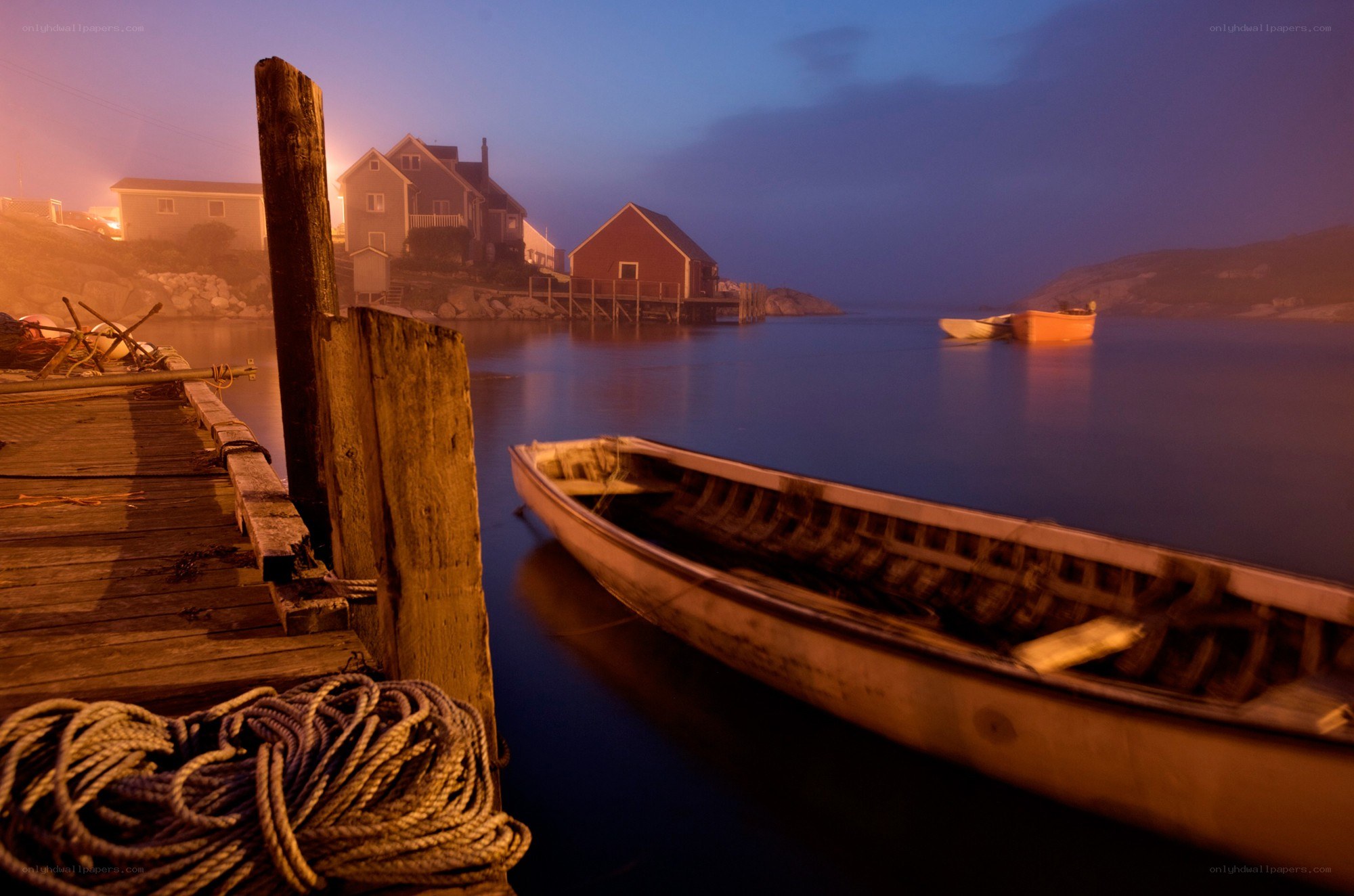 Foggy harbor at dusk