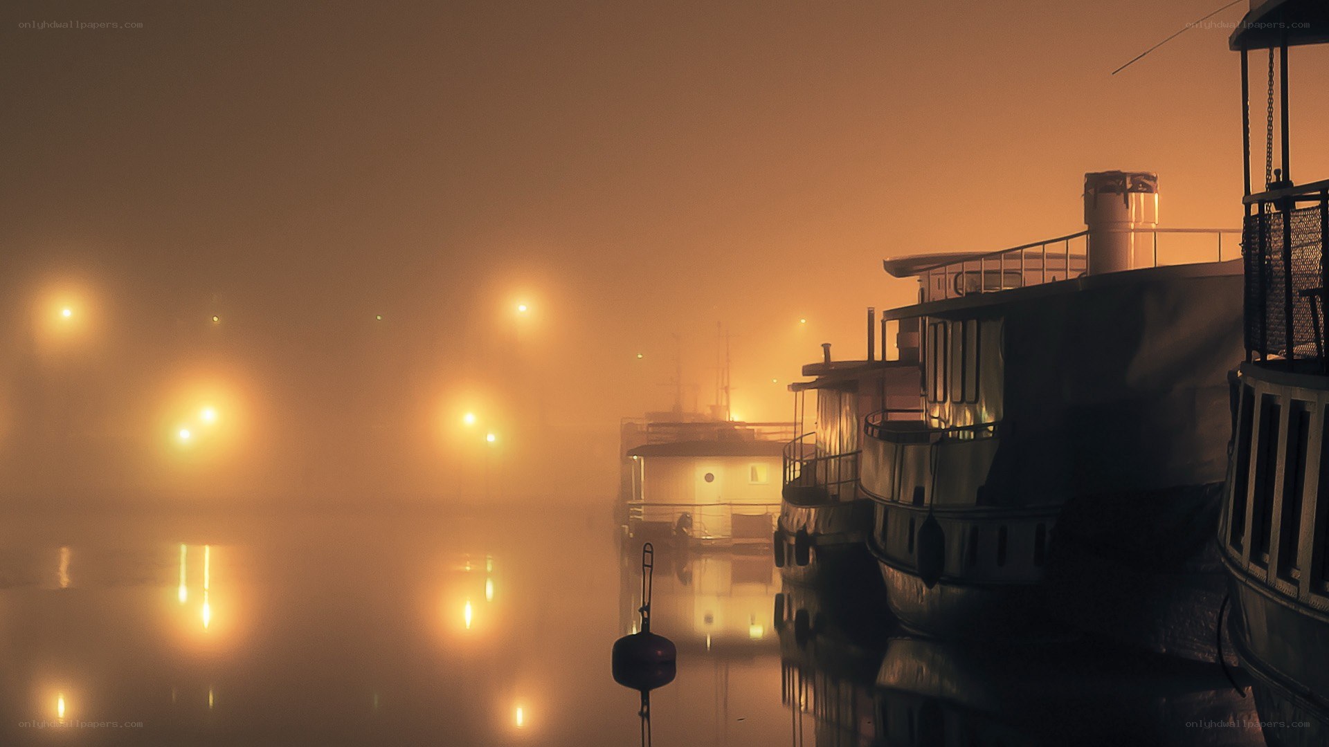 Foggy harbor at night